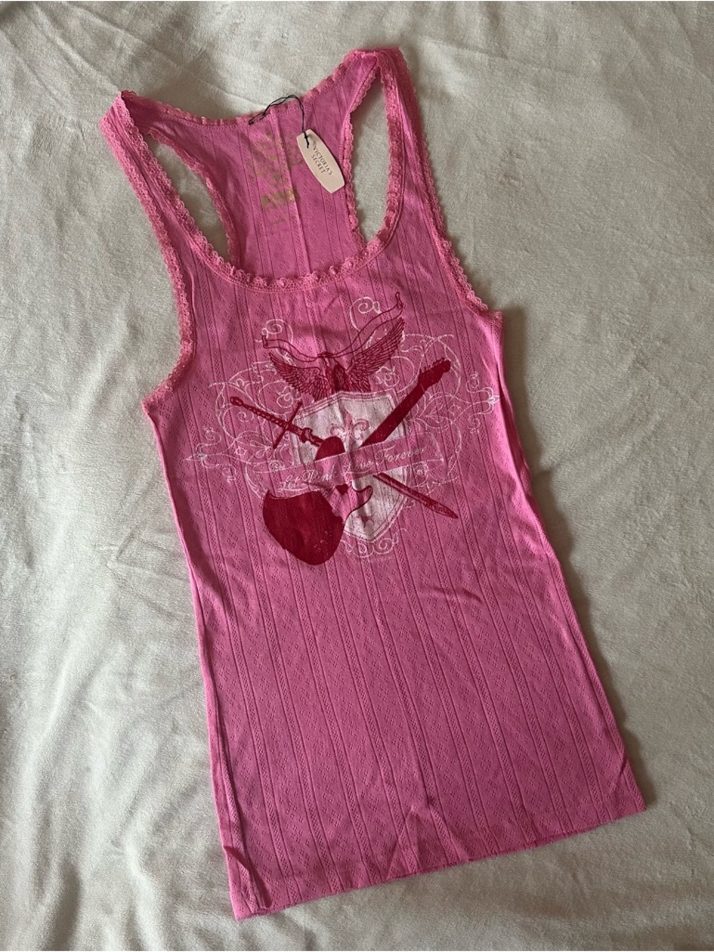PINK Victoria's Secret Hot Pink Ribbed Lace-Trim Tank Y2K